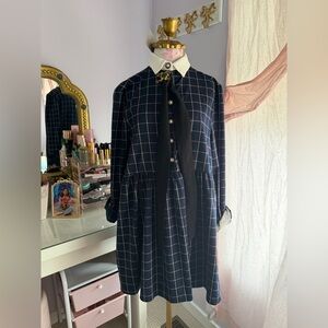 Sister Jane Pussybow Navy Checkered Dress with White Collar